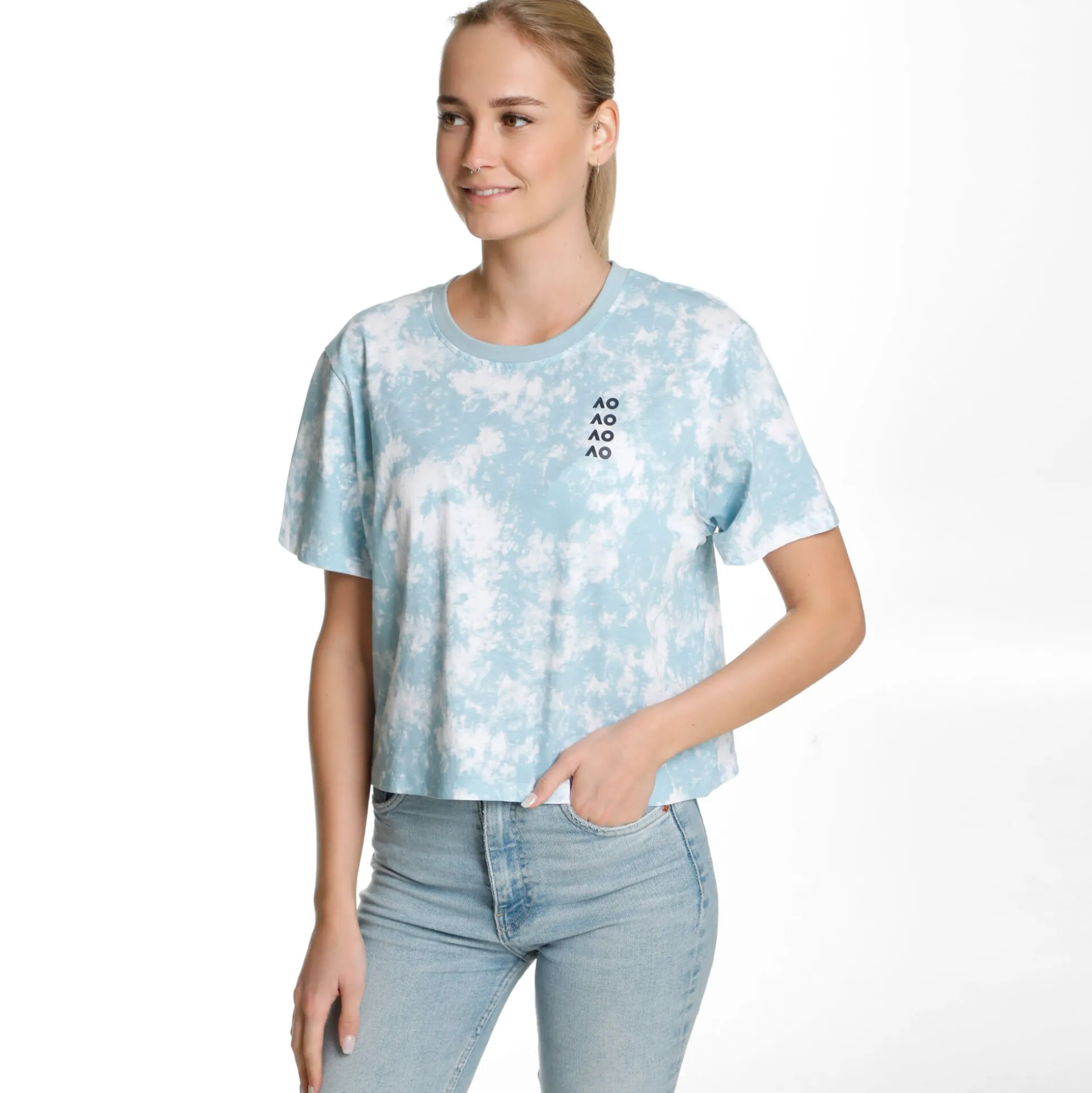 Shop AO Tie Dye Cropped T-Shirt Women - Light Blue, White Shirts