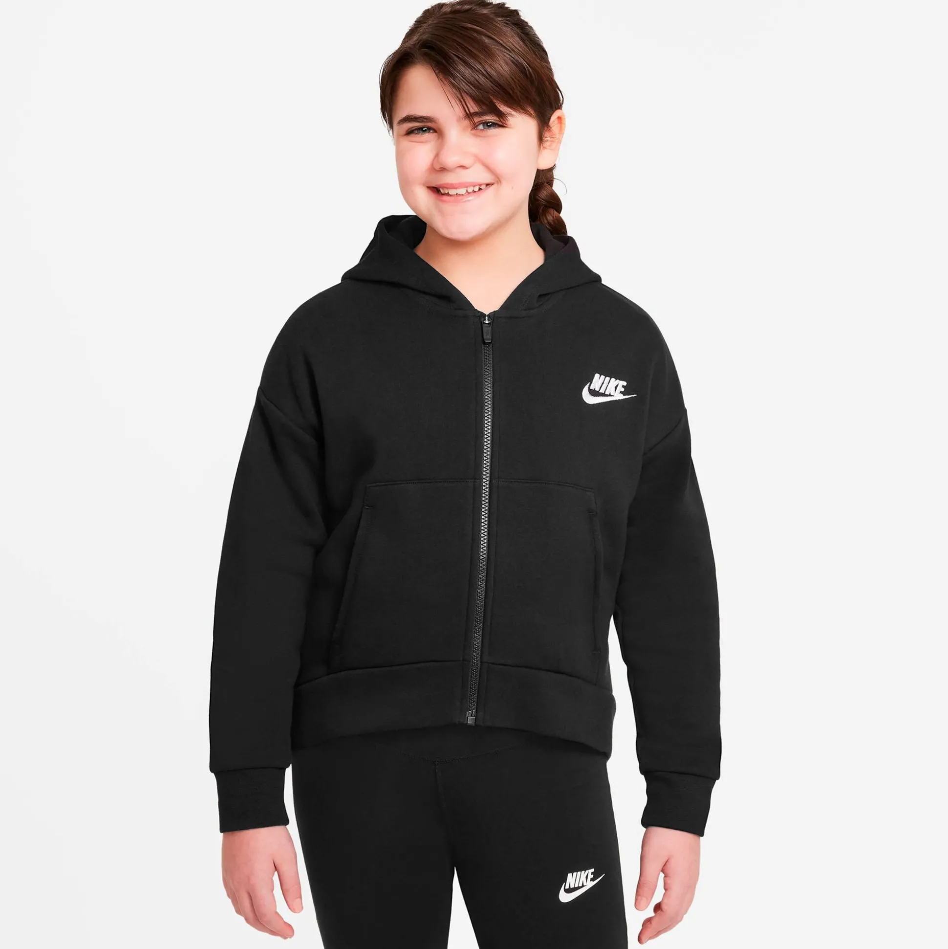 Clearance Sportswear Club Fleece Zip Hoodie Girls - Black, White Jackets